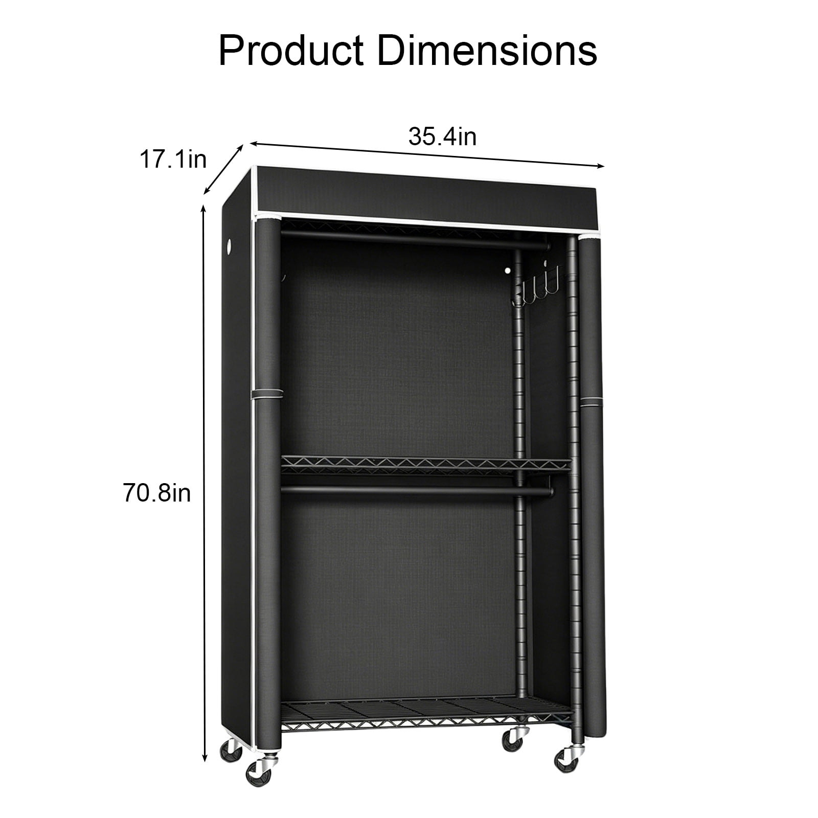 Freestanding Garment Rack with Dust Cover and Rolling Wheels, Metal Clothes Closet and Portable Wardrobe Organizer with Storage Shelf for Bedroom, Black