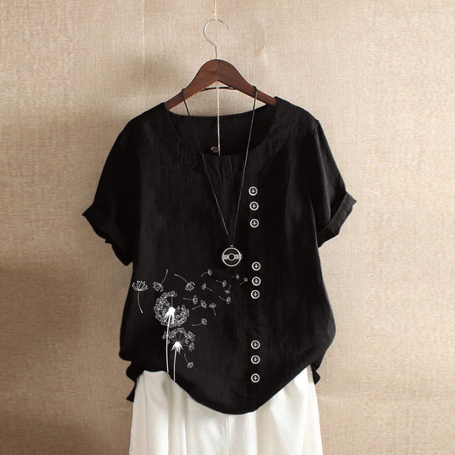 Xuyuer Top Womens Shirt Casual Blouse Loose Button Linen Plus Size Sheer Pullover Daily Boho Tunic T-Shirt Tops Summer Round Neck Casual Dressy Blouses Casual Jacquard Boho Blouse