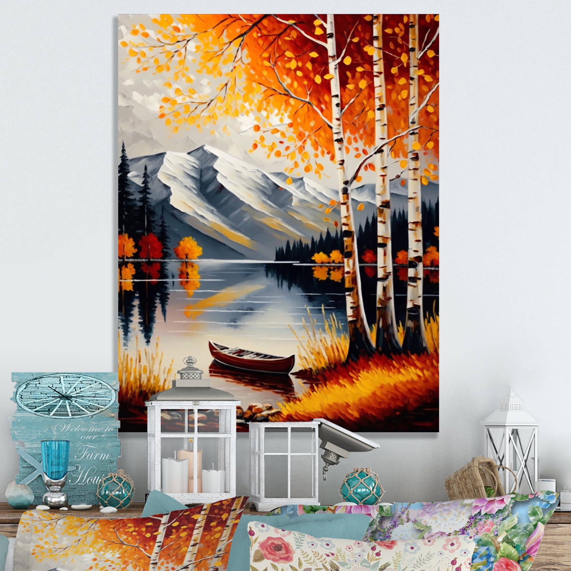 Designart Red And Orange Birch Trees By The Lake VIII Canvas Wall Art