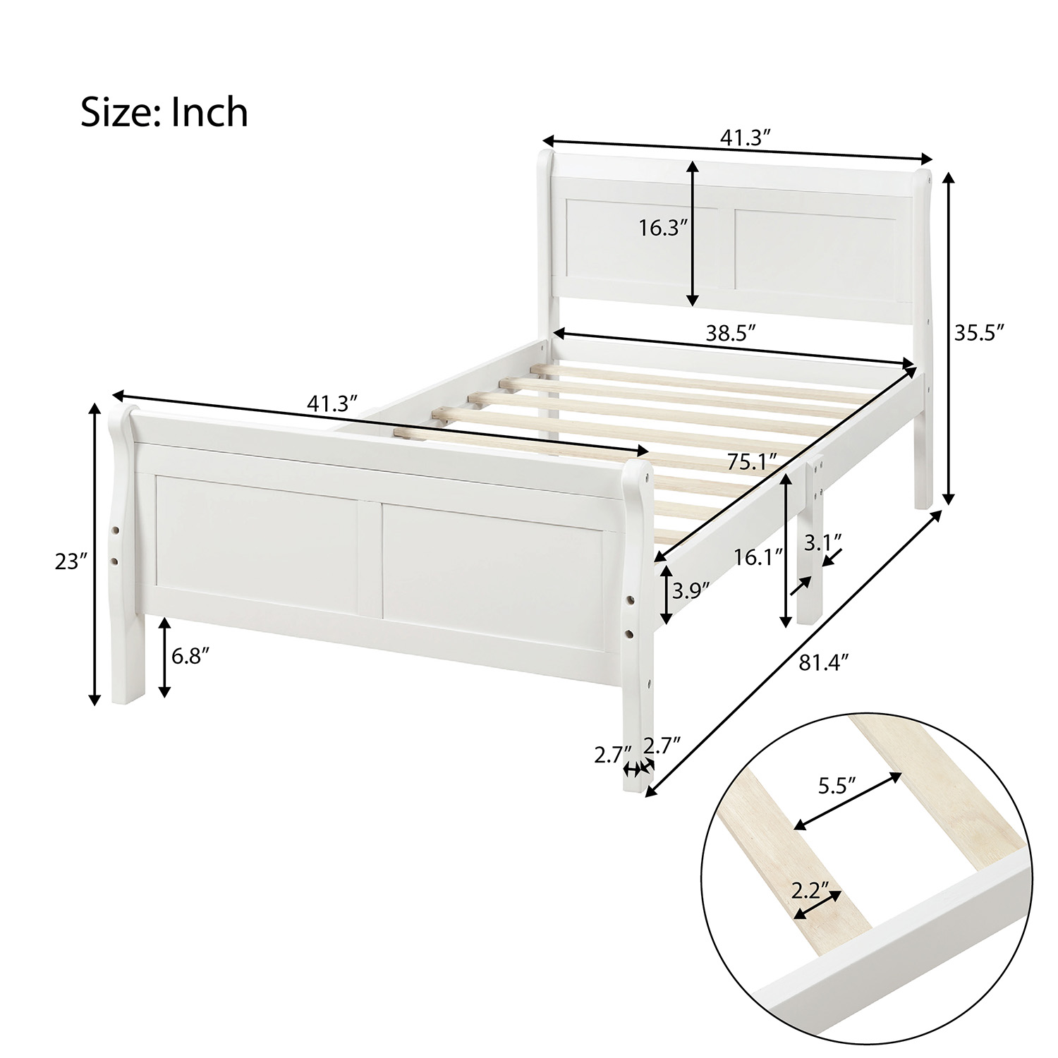 Twin Bed Frame No Box Spring Needed, Wood Platform Bed Frame with Headboard and Footboard, Strong Wooden Slats, Twin Bed Frames for Kids, Adults, Modern Bedroom Furniture, White, W9772 - image 5 of 8