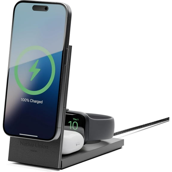 Native Union Rise 3-in-1 Magnetic Wireless Charger Qi2 Certified & MagSafe 15W Fast-Charging Foldable Charging Stand for iPhone Air, 17 with Charging for AirPods (Pro) & Apple Watch (Black)
