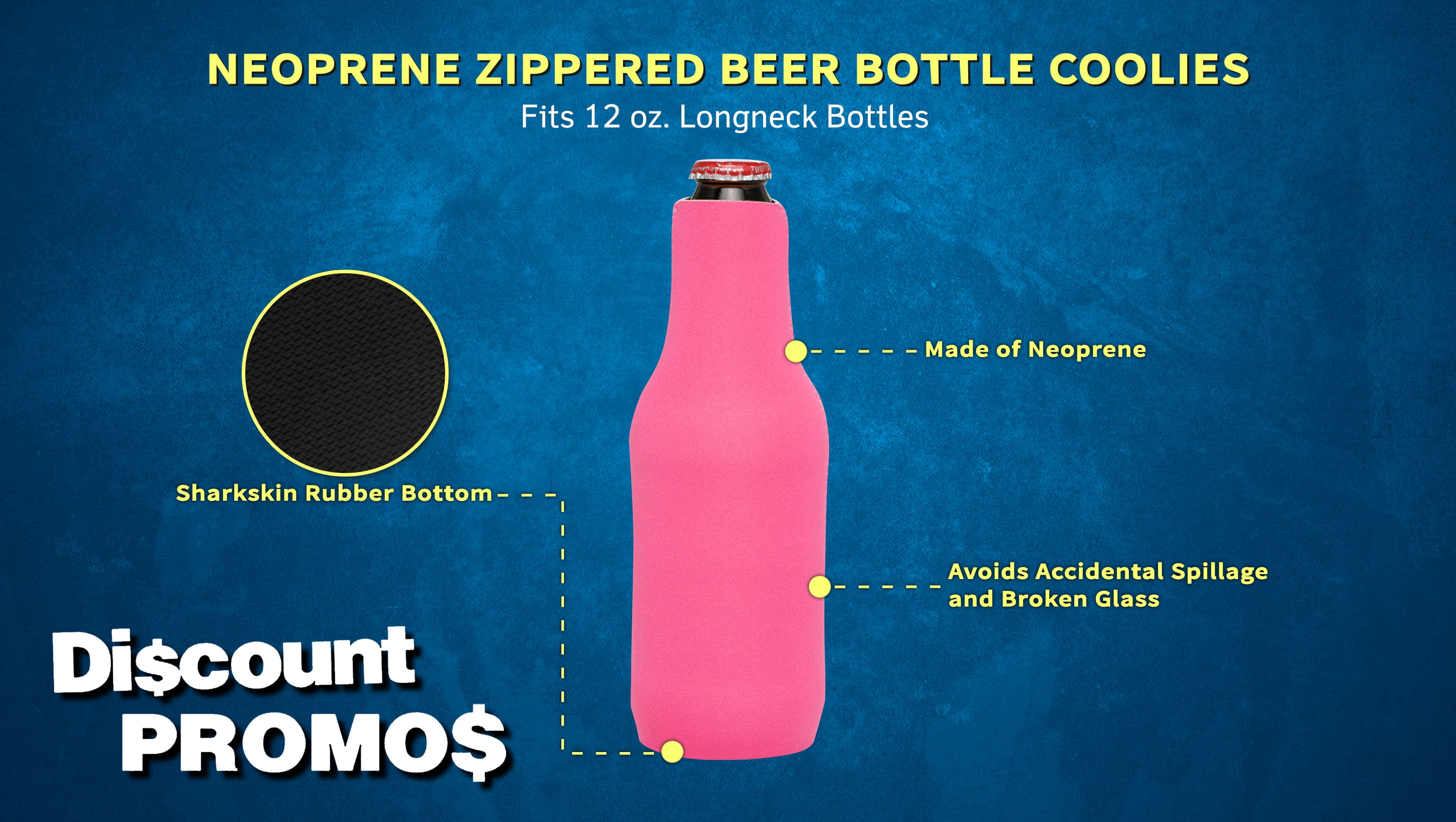10 Neoprene Zippered Beer Bottle Coolies Pack - Sharkskin Rubber Bottom - Neon Pink