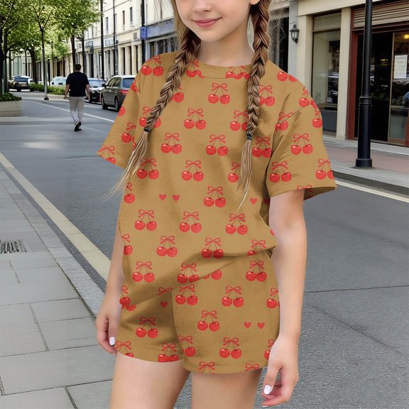 Amidoa Girls Summer 2 Piece Outfits Cute Floral Short Sleeve and Elastic Waist Shorts Kids Clothing Set Brown Size Brown Size 8