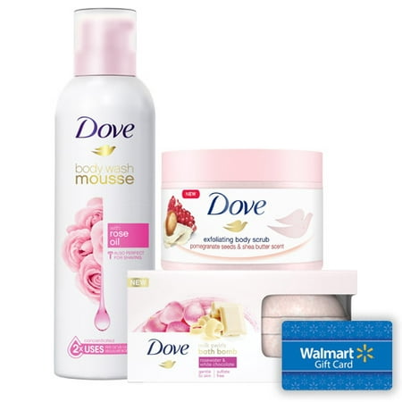 Free $5 e-Gift Card with Dove Milk Swirls Bath Bombs + Body Wash Mousse + Exfoliating Body Polish, Rose and Pomegranate
