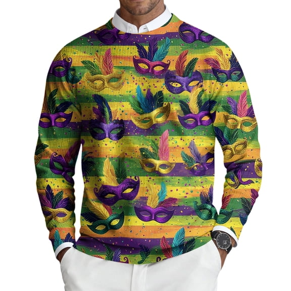 Mens Crewneck Pullover Sweater Mardi Gras Long Sleeve Mask Feather Printed Knit Sweaters Carnival Thermal Pullover Sweaters
