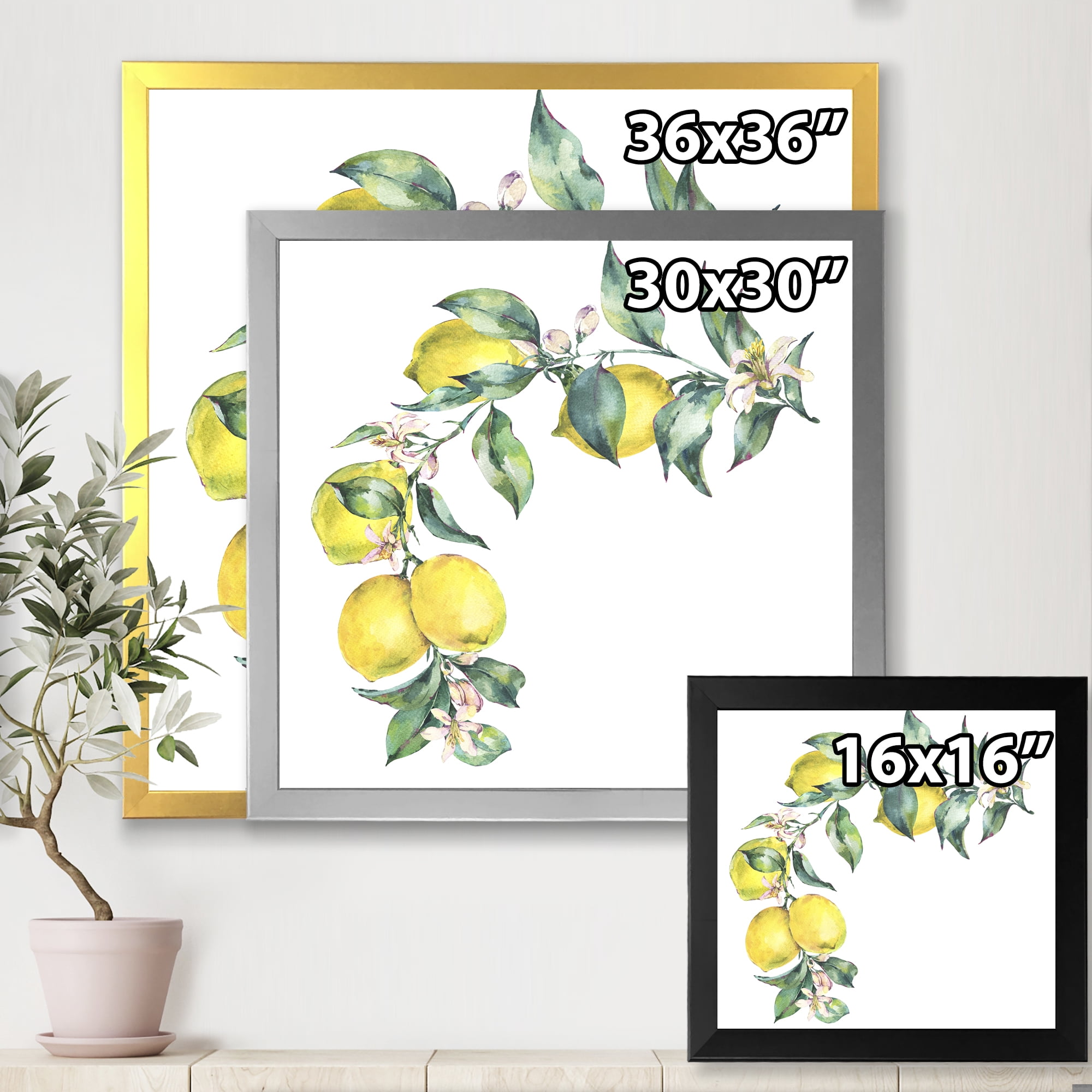 Designart 'Branch of Leaves and Yellow Lemons II' Tropical Framed Art Print