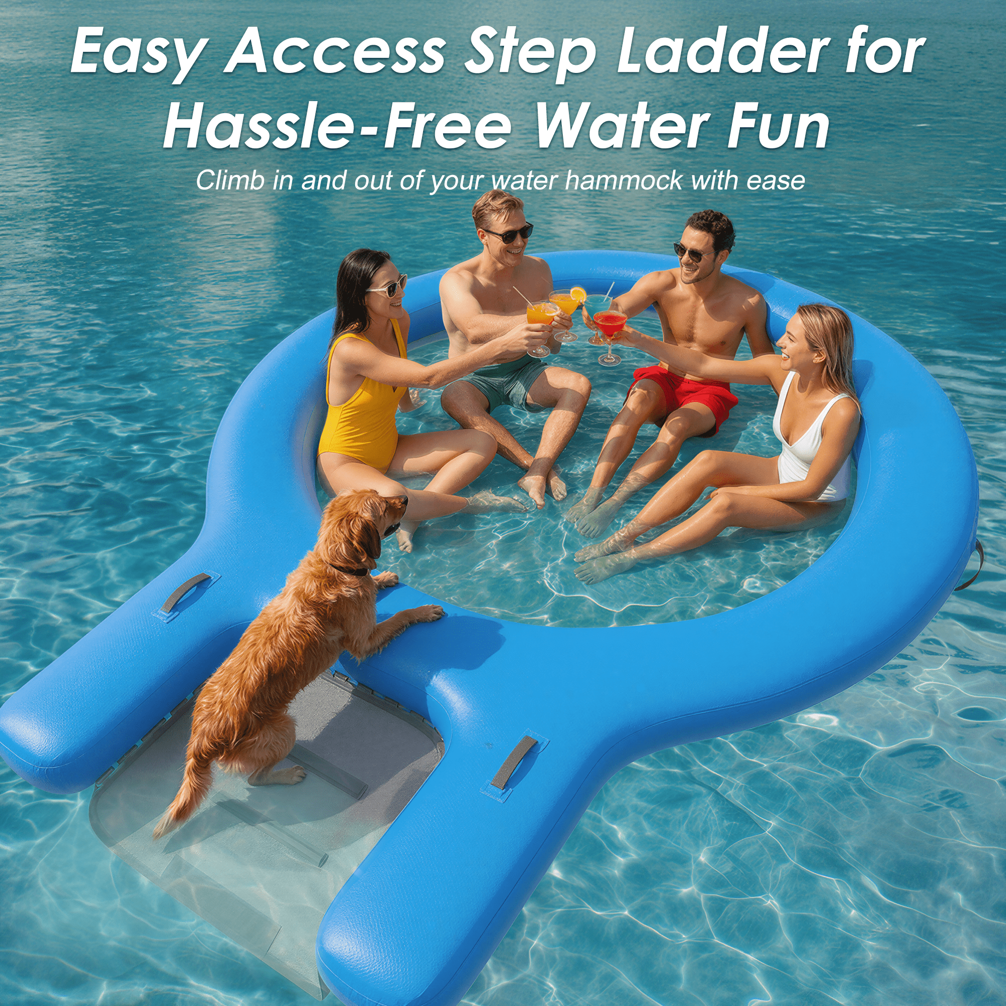8 FT Water Hammock Inflatable Sunchill Float Ring with Dog Boat Ramp, Heavy Duty Floating Dock Pool Hammock Float for Ocean Lake Swimming Pool