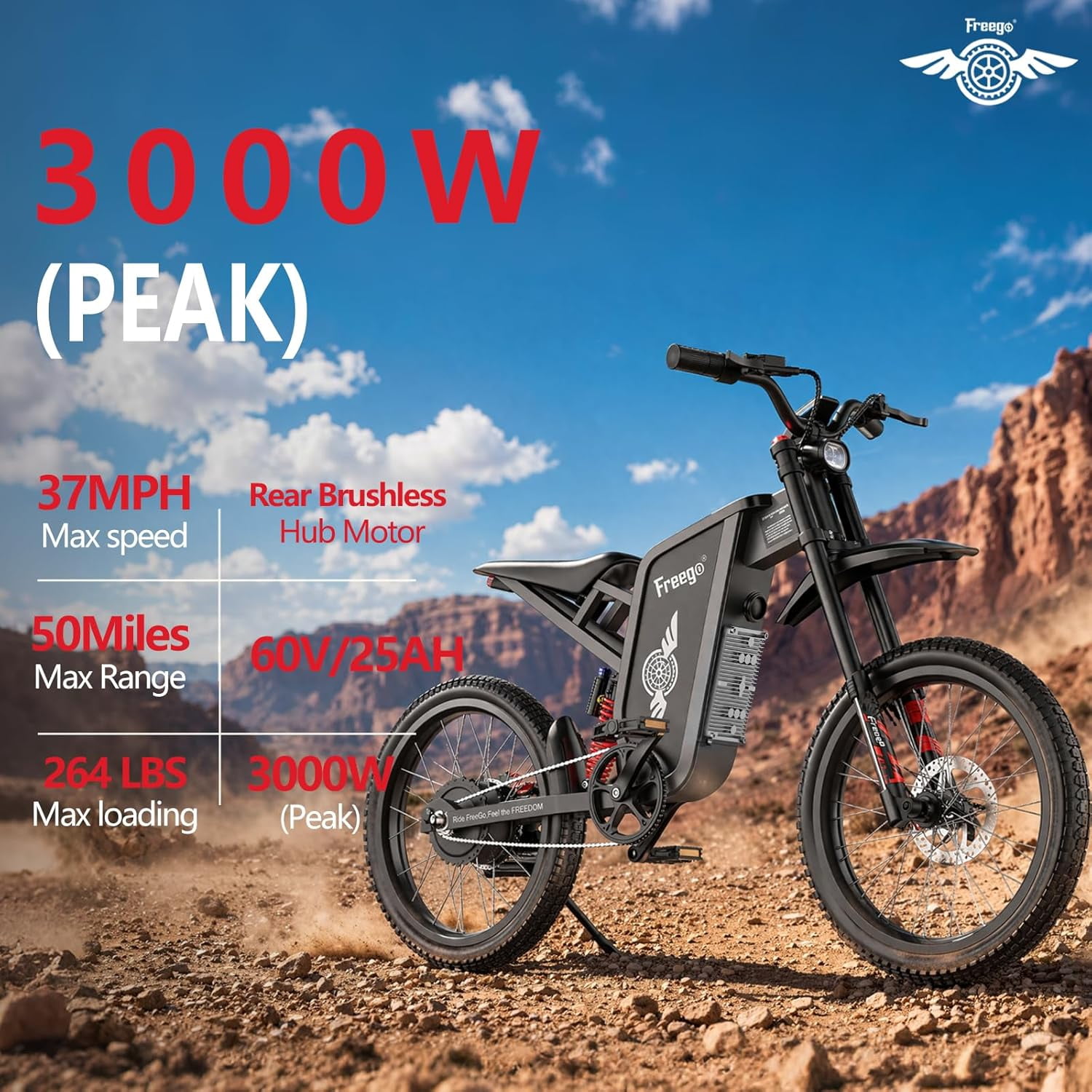 Freego X1 Electric Bike for Adults with Pedals,3000W Peak Motor 60V 25Ah Battery, 37 MPH Top Speed 150N·m Torque, Full Suspension Hydraulic 4-Piston Brakes, 17" All-Terrain Tires