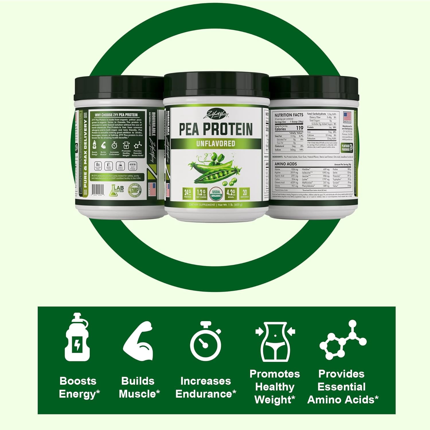 ZYY Pea Protein Powder - Organic Vegan Plant-Based, Unflavored & Unsweetened, Hydrolyzed for Easy Digestion, Keto, Low Carb, Dairy Free, Non-GMO, with BCAA