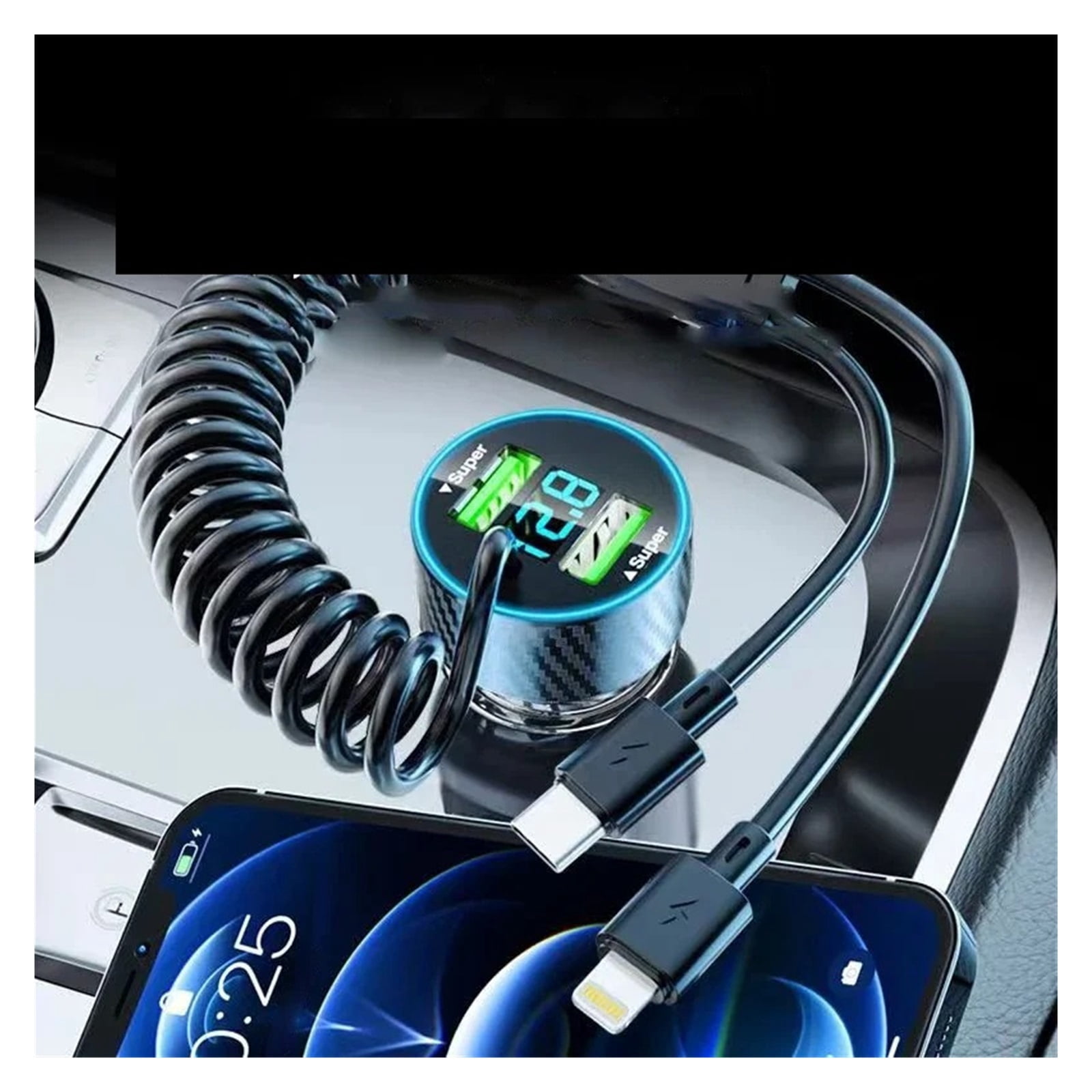 4 in 1 Dual Port USB Car Phone Charger Type C with Retractable Cable Super Fast Charging Adapter