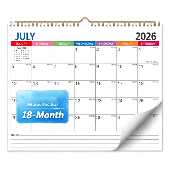 CCOCC Wall Calendar 2026-2027,18 Month Academic Calendar,Jul 2026 - Dec 2027 | Hanging Calendar with 120 Gsm Thick Paper,Spacious Writing Blocks,Planner Stickers Included,Minimalist Design