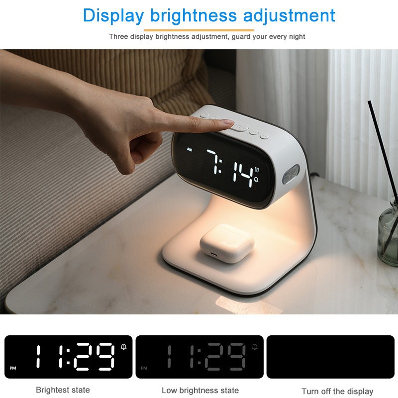 Digital Alarm Clock with Wireless Fast Charging Station 15W Touch Smart Bedside Lamp, 3-Color Night Light for Living Room, Bedside, Heavy Sleepers (White + No Adapter), Home Holiday Gift