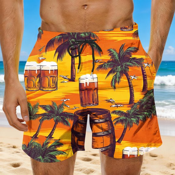Swim Shorts for Men Elastic Waist Drawstring Quick Dry Swim Trunks Palm Tree Board Shorts Tropical Sunset Print Summer Beach Vacation Wear
