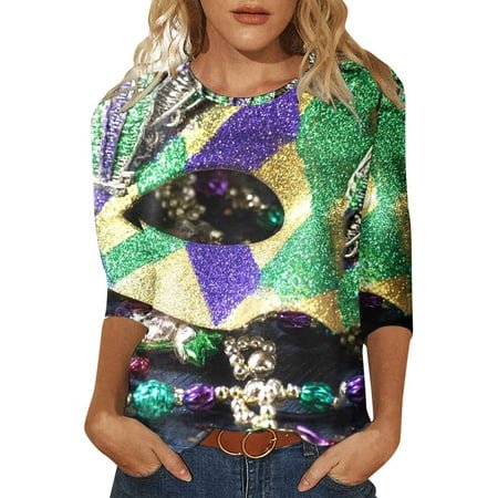 PMUYBHF Mode Femme Carnaval Imprimé Numérique Décontracté Manches Trois-Quarts Col Rond T-Shirt Haut 8015 TG