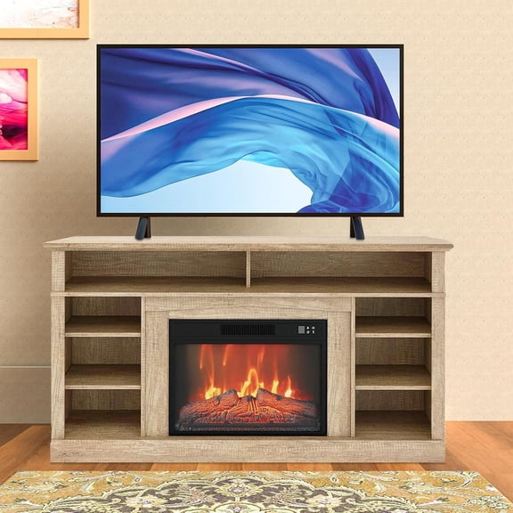 Senfot 58" Fireplace TV Stand for TV Up to 65", Entertainment Center with 23" Electric Fireplace, Storage Shelves & Cabinet for Living Room Bedroom
