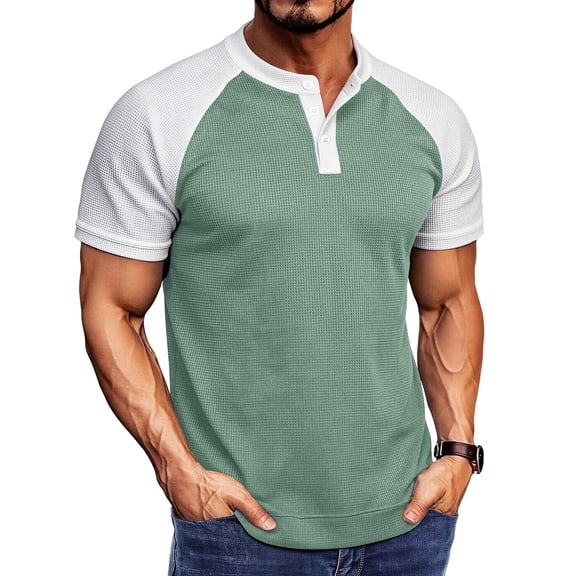 Umfun Men Short Sleeve Raglan Waffle Henley Shirt Color Block Two Tone with Three Button Placket Soft Breathable for Casual Daily Streetwear