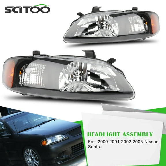 SCITOO Headlight Assembly for Nissan for Sentra 2000-2003 Halogen Headlights with Black Housing Amber Reflector Clear Lens