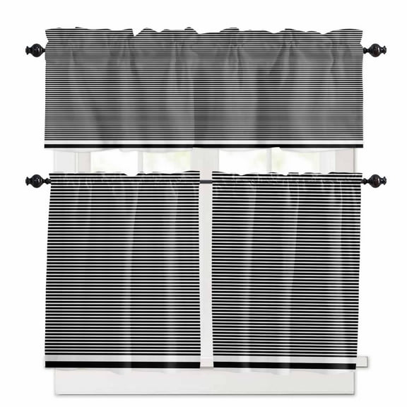 Farmhouse Black White Striped Kitchen Curtain Set, Modern Stripes Window Valance and Tiers 36" Length, Light Filtering Short Curtains Valance for Cafe Bathroom Bedroom 54"x18"