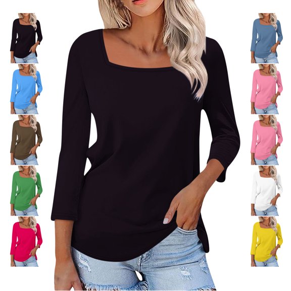 TGSLY Women's Square Neck Tops Lightweight Soft 3/4 Sleeve Solid Color Shirts Loose Fit Dressy Casual Curved Hem Tunic Blouses XXXXXL