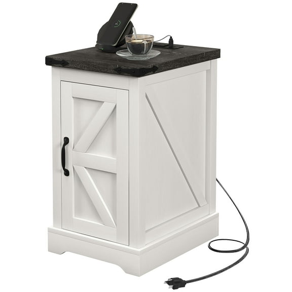 HOMCOM End Table with Charging Station and USB Ports, Distressed White