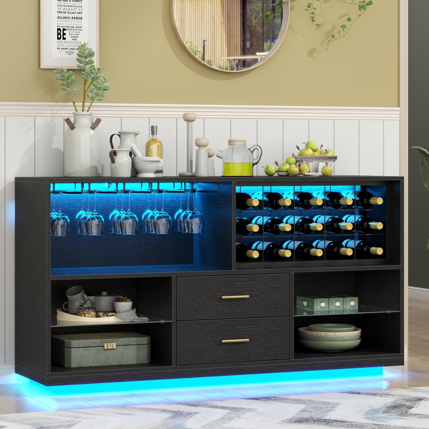 Gyfimoie Home Wine Bar Cabinet Indoor Liquor Storage Credenza with LED Lights Drawers and Dining Room Furniture Walmart