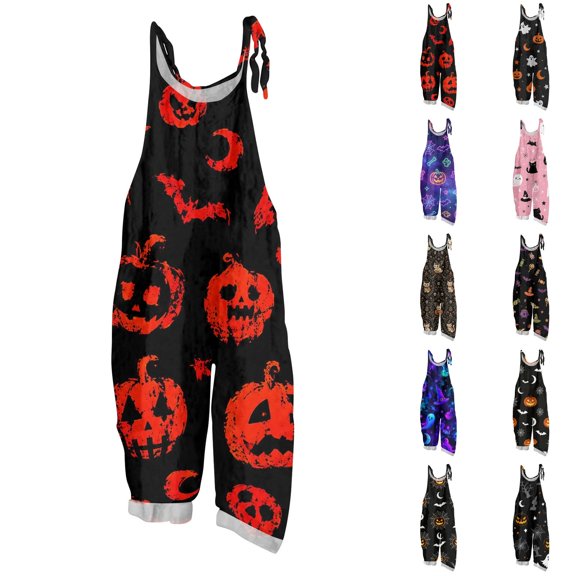 Womens Halloween Pumpkin Print Sleeveless Jumpsuit Casual Wide Leg Fashion Fall Romper Cute Halloween Costume Coffee XL