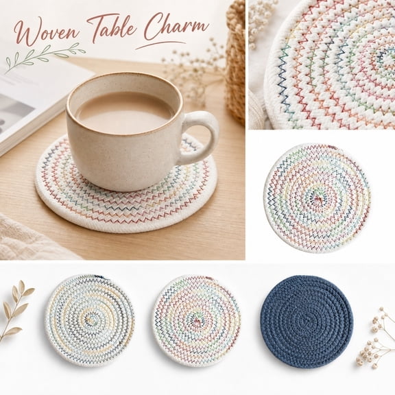Mskk 6 Pcs Cotton Rope Woven Coasters, Boho Rainbow Stitched Round Trivet Mats, Absorbent Heat‑Resistant Non‑Slip Cup Pads Decorative Table Mats for Kitchen Dining Room Home Decor, 4.33 Inch