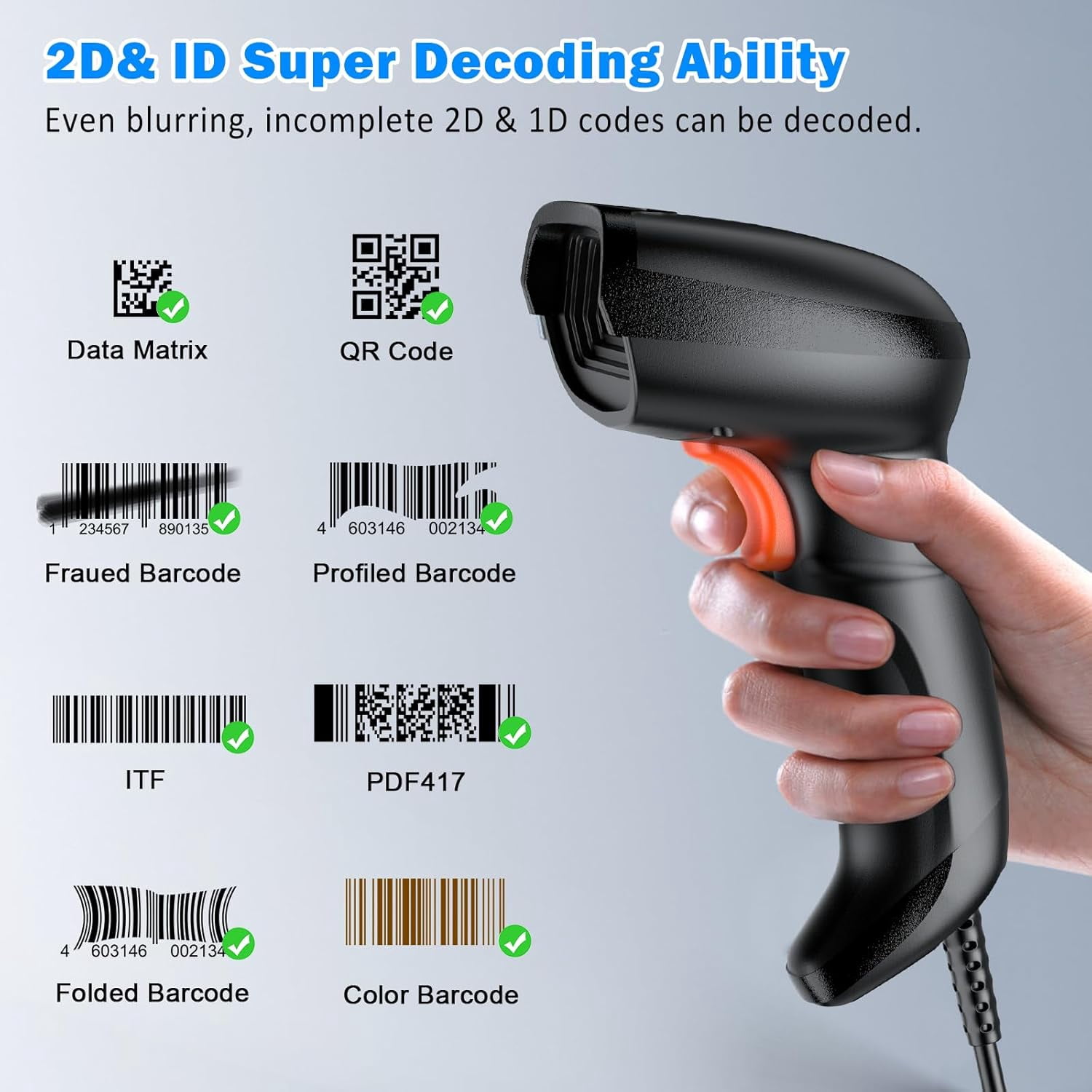 USB Barcode Scanner Handheld Wired Automatic Bar Code Scanner with Long USB Cable for Mobile Payment, Convenience Store, Supermarket, Warehouse