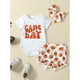 thumbnail image 3 of Yunliwuli Infant Baby Girl Game Jumpsuit Outfits, Letter Print Short Sleeve Romper+ Football Shorts + Bow Headband, 3 of 10