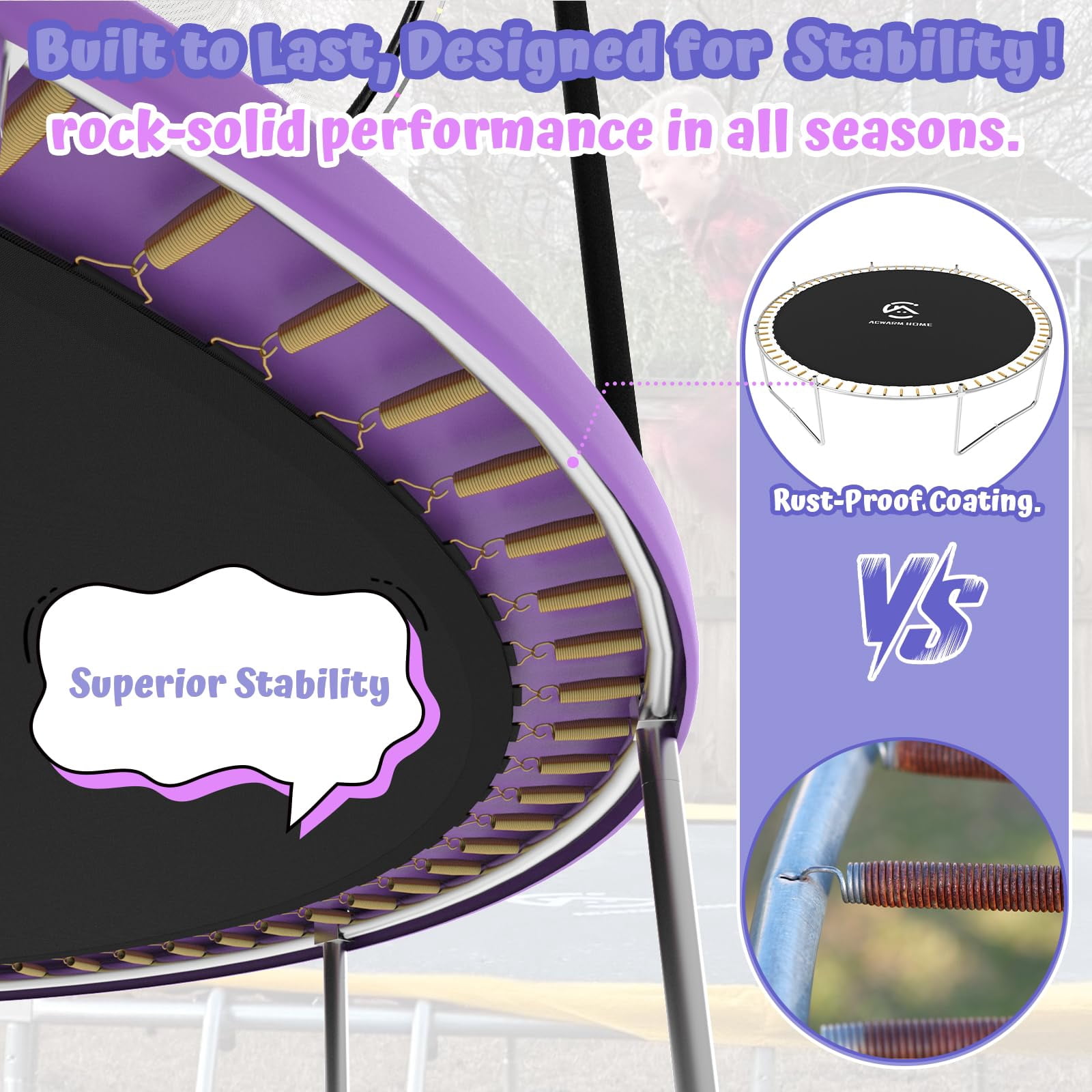 ACWARM HOME 2025 NewTrampoline 15FT Premium Purple Trampoline with Basketball Hoop and LED Lights Recreational Trampolines for Kids and Adults with Net and Ladder