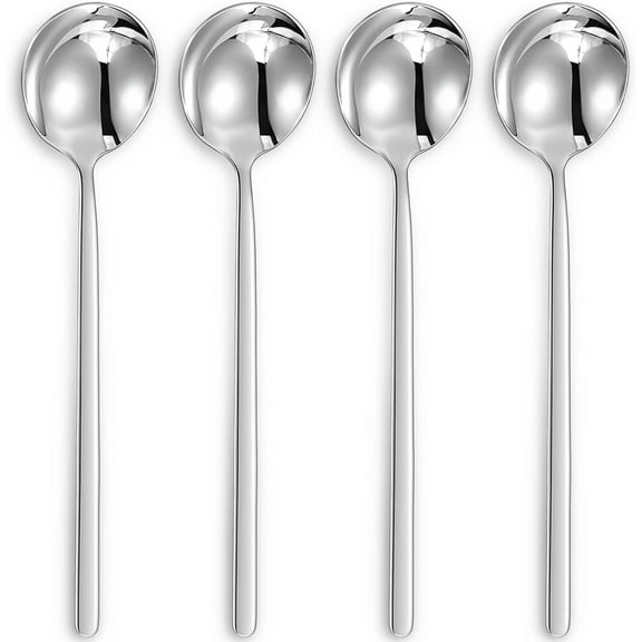 Premium Korean Soup Spoons with Long Handles, Set of 4, 18/10 Stainless Steel, Dishwasher Safe (Plain)