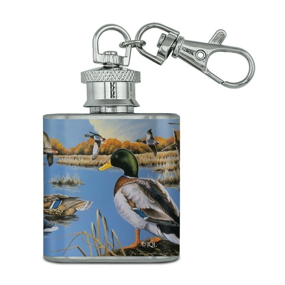 Ducks in the Lake and in Flight Stainless Steel 1oz Mini Flask Key Chain