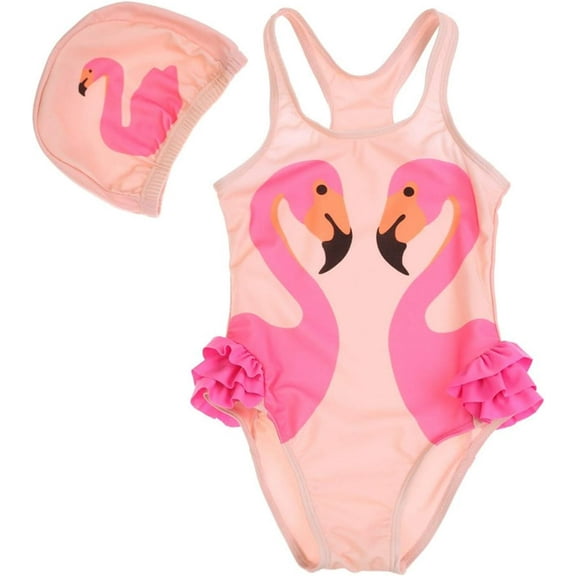 Qvete Baby Little Girls Flamingo Bikini Swimsuit Cute One Piece Swimwear Sunsuit with Swim Hat
