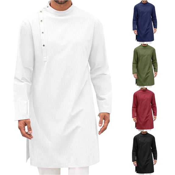 FINALGANG Mens Band Stand Collar Diagonal Side Button Solid Color Long Sleeve Long Tunic Side Split Loose Fit Ethnic Daily Casual Long Tops Casual Top White L