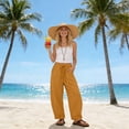 thumbnail image 4 of Womens Cotton Linen Barrel Sweatpants Casual Drawstring Elastic Waist Flowy Pants Yellow 2XL, 4 of 8