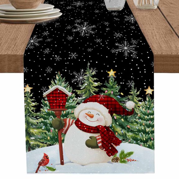 nqOlkjepod Black Snowman Christmas Table Runner 36 Inches Long Farmhouse Dress Scarves, Green Xmas Tree Snowflake Winter Dining Tablerunner for Coffee Table/Kitchen Island/Party Décor, Small 13"x36"