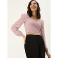 thumbnail image 5 of DressBerry Women's Solid Rayon Slub Crop Top Casual Summer Smocked Pattern Square Neck Long Puffed Sleeves Western Style Slip-On Light Weighted High Waist Blouse Top, 5 of 7