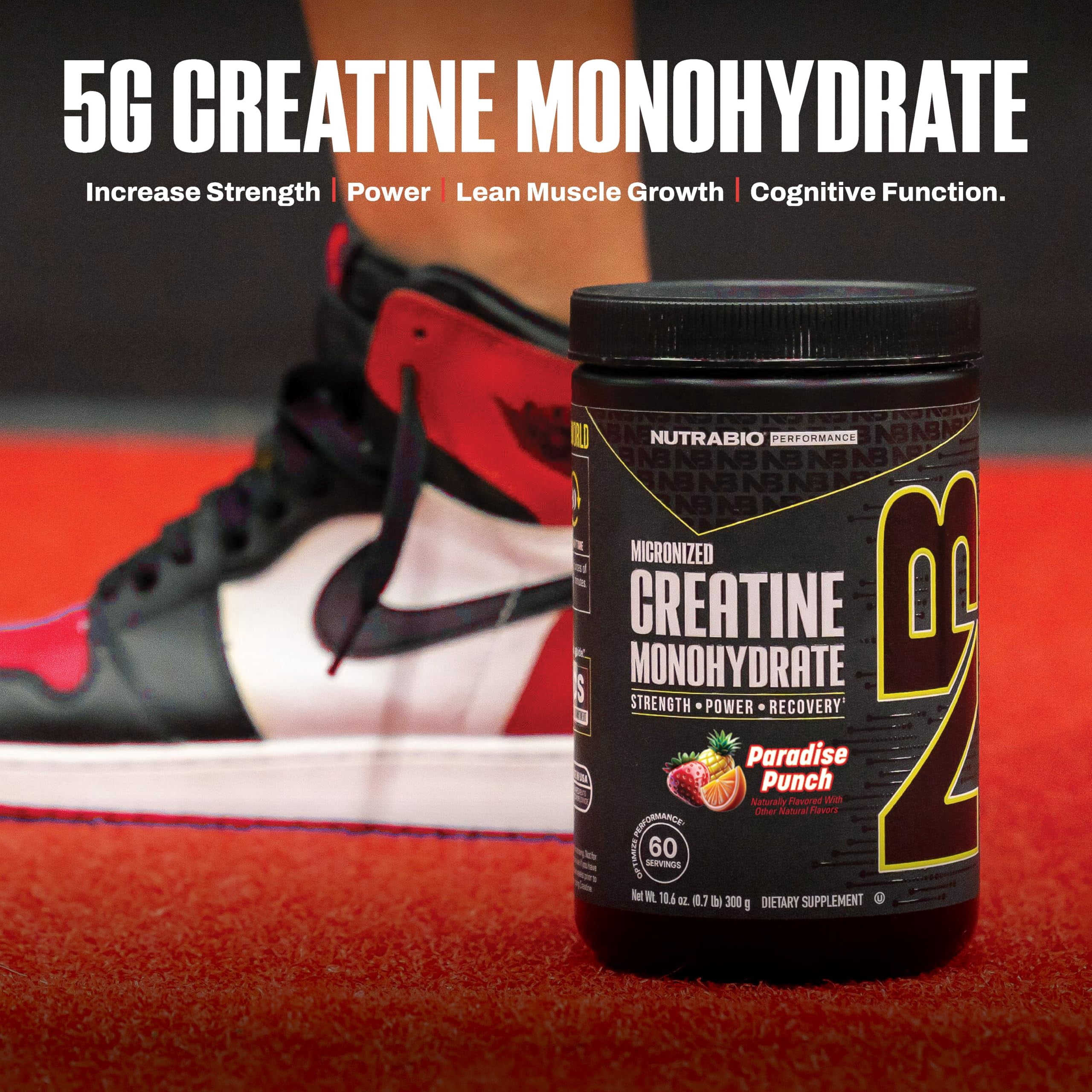 NutraBio Pure Creatine Monohydrate Powder Supplement, Paradise Punch (300 g) - Supports Bulk Muscle Energy, Recovery, and Strength - HPLC Tested Pure Grade Creatine Powder Supplement for Men and Wome