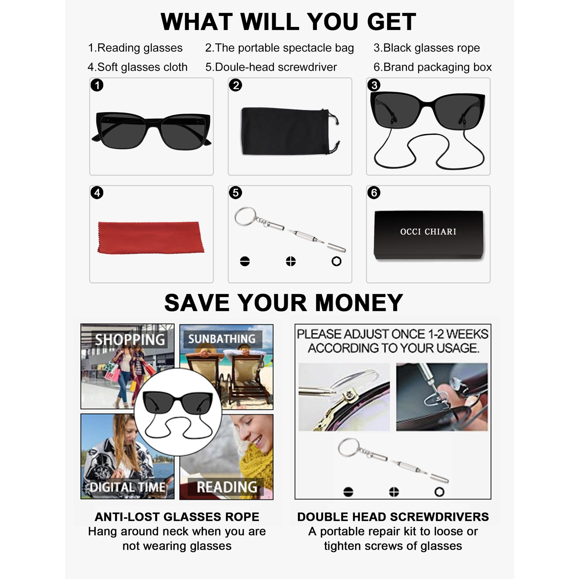 OCCI CHIARI Women's 3.50 Reading Glasses Sunglasses Blue Light Sunglass UV Protection Black Readers 1.0 1.25 1.5 1.75 2.0 2.25 2.5 2.75 3.0 3.5 with Acrylic Lens