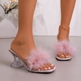 thumbnail image 3 of SACFOF Women's Square Toe Low Stilettos Heels Mules Sandals Fluffy Feather Slip on Clear Low Heels Wedding Bridal Party Dress Shoes, 3 of 6