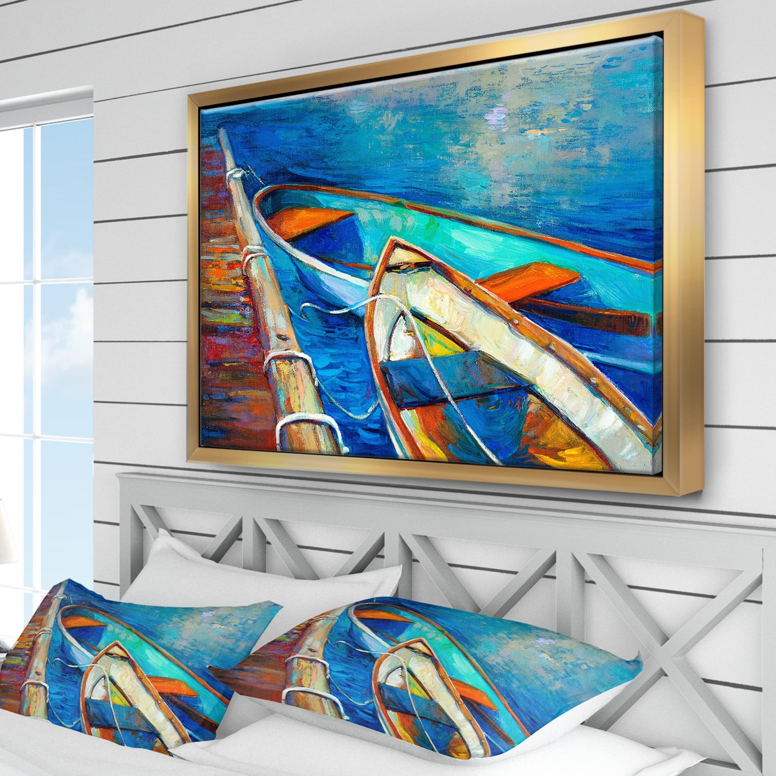 Designart ' Boats and Pier in Blue Shade ' Seascape Framed Canvas Art Print