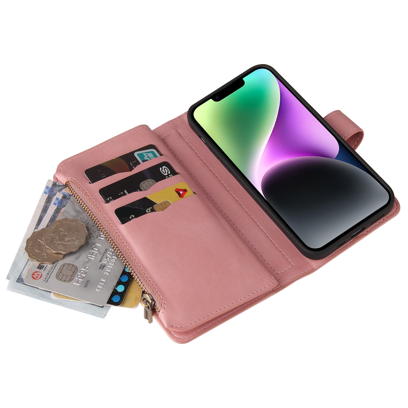 Wallet Case for iPhone 15, Magnetic Zipper Pouch Premium PU Leather with Kickstand Wallet Flip Shockproof Phone Case Wrist Strap Card Slots Holder Pocket iPhone 15,
Pink