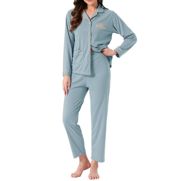Conjunto de lounge para mujeres INSPIRE CHIC de algodón, con botones, manga larga, pantalones, patrón acanalado y bolsillo, pijama, loungewear, XL, azul