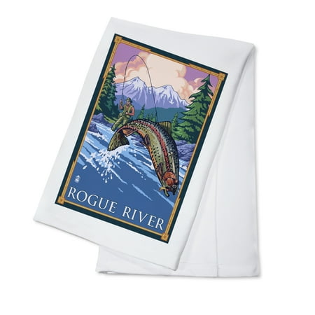 Rogue River, Oregon - Angler Fly Fishing Scene (Leaping Trout) - Lantern Press Poster (100% Cotton Kitchen