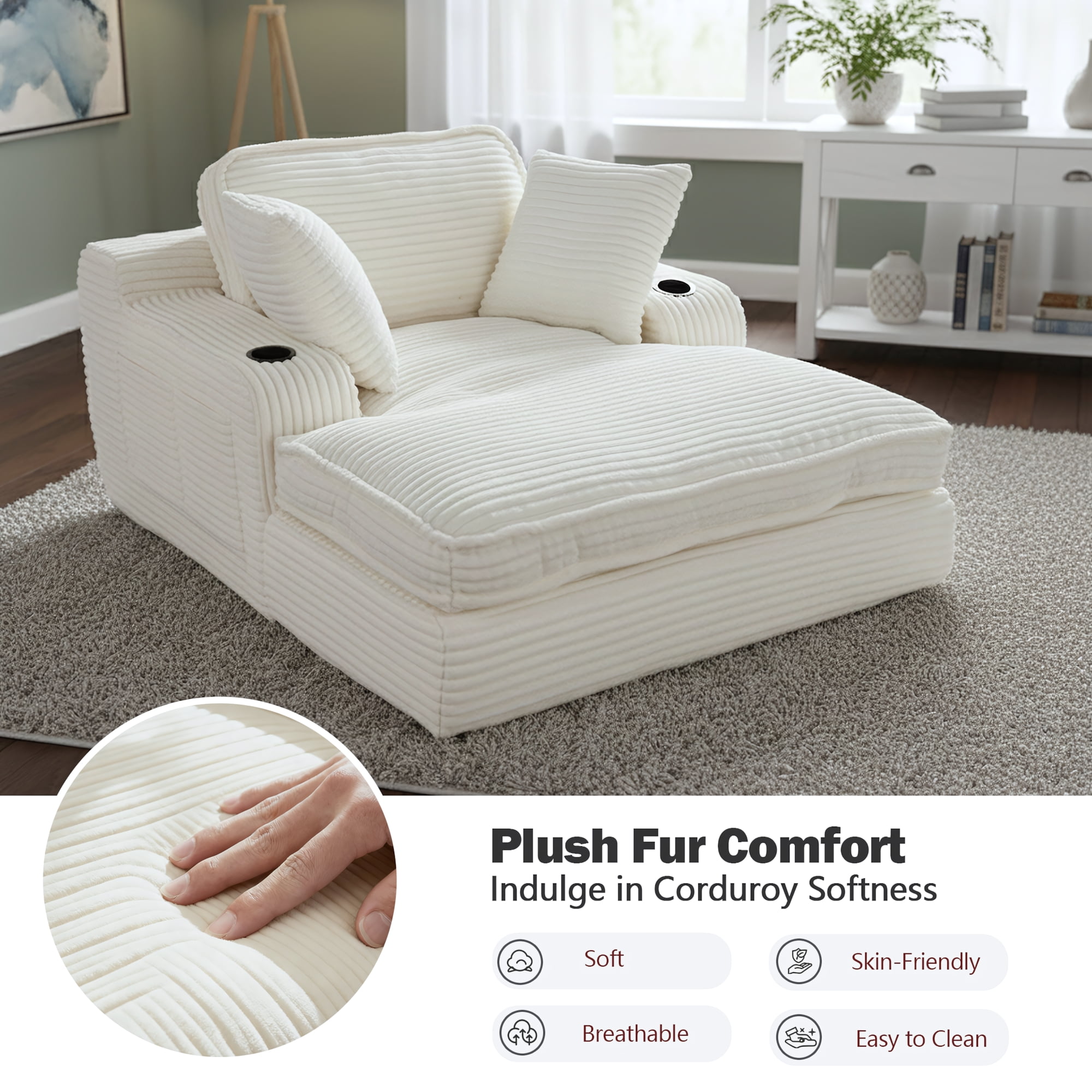 EOP 67'' Oversized Chaise Lounge Chair Indoor, Plush Boneless Cloud Couch with Side Pockets & Cup Holders, Comfy Corduroy Sleeper Couch with Removable Pillows for Living Room, Beige