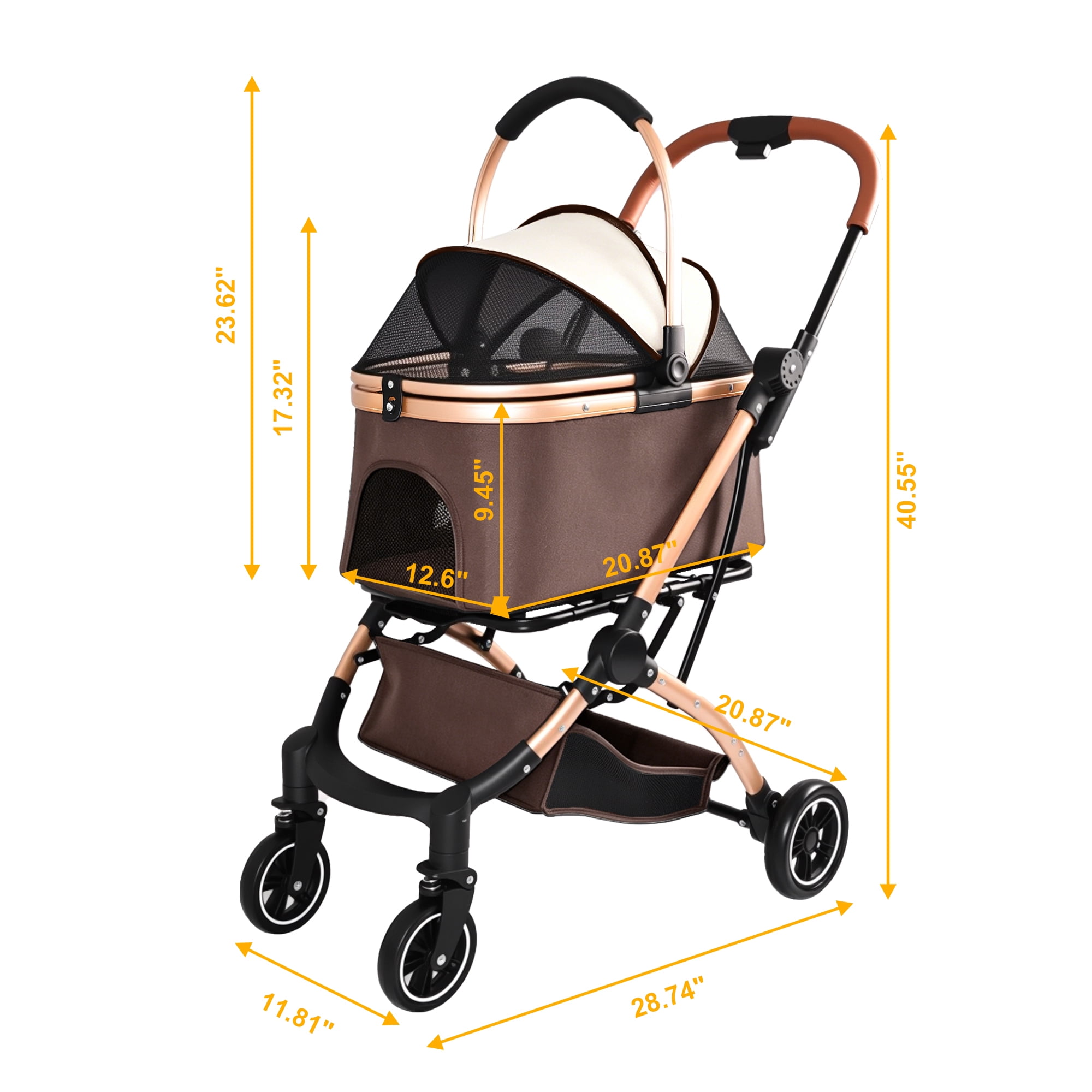 Foldable Pet Stroller for Small/Medium Dogs and Cats, Convertible Pet Cart with Detachable Carrier, Caster & Storage Basket