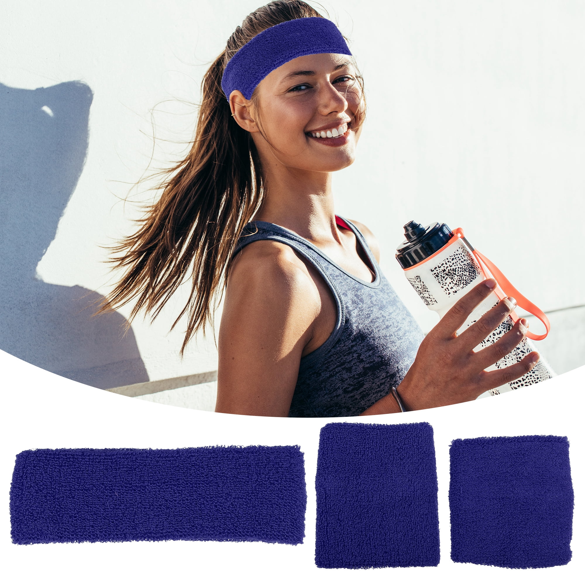 Unique Bargains 3 Pcs Sport Headband Wristband Sweatband Cotton Blend Sapphire Blue
