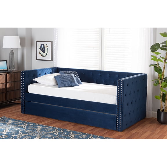 Baxton Studio Larkin Modern and Contemporary Navy Blue Velvet Fabric Upholstered Twin Size Daybed with Trundle