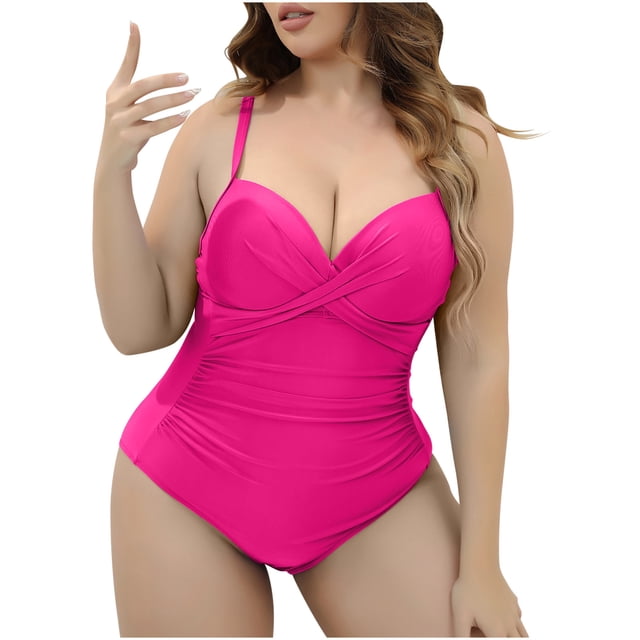 Bigersell Womens Plus Size Ruched One-Piece Swimsuits Wrap Front Sleeveless V-Neck Bathing Suits Surfing Monokini Swimwear Beach Vacations Swimsuits Pinks XXL