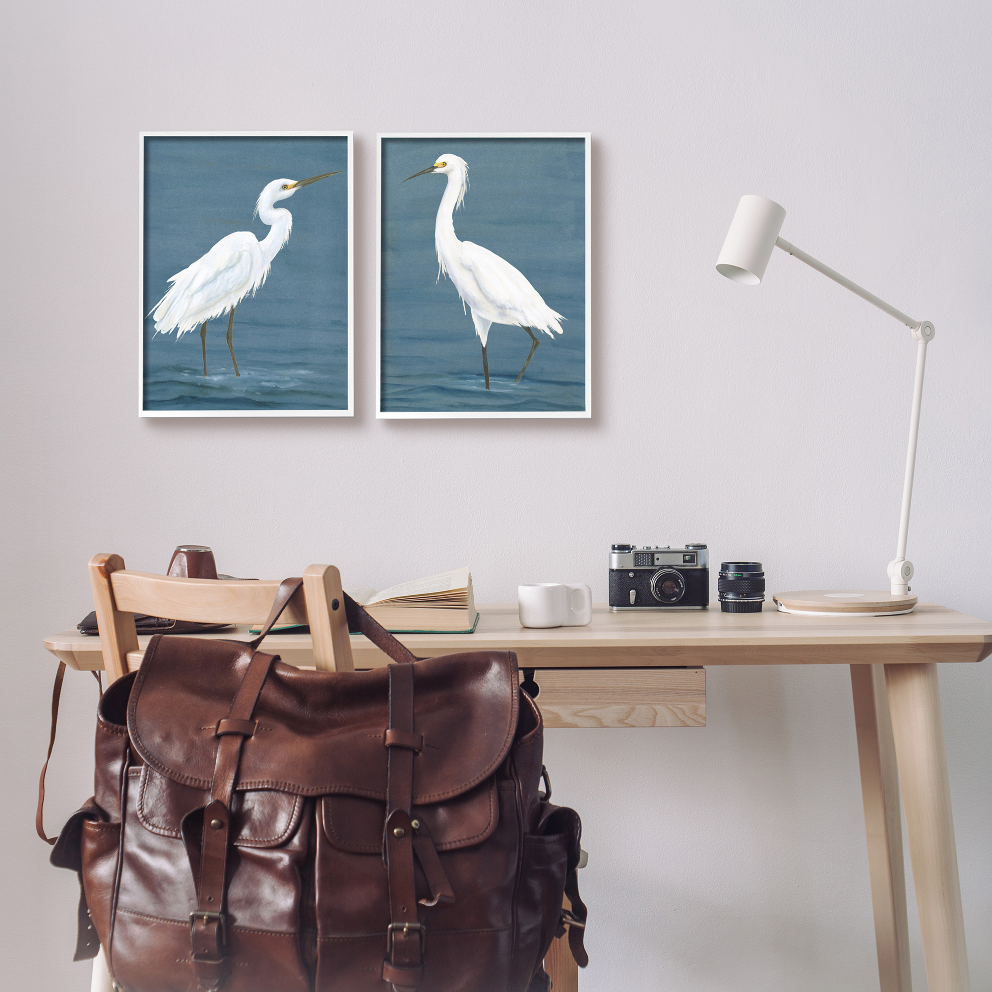 Stupell Industries White Egrets on Shore Animals & Insects Painting White Framed Art Print Wall Art, 11 x 14